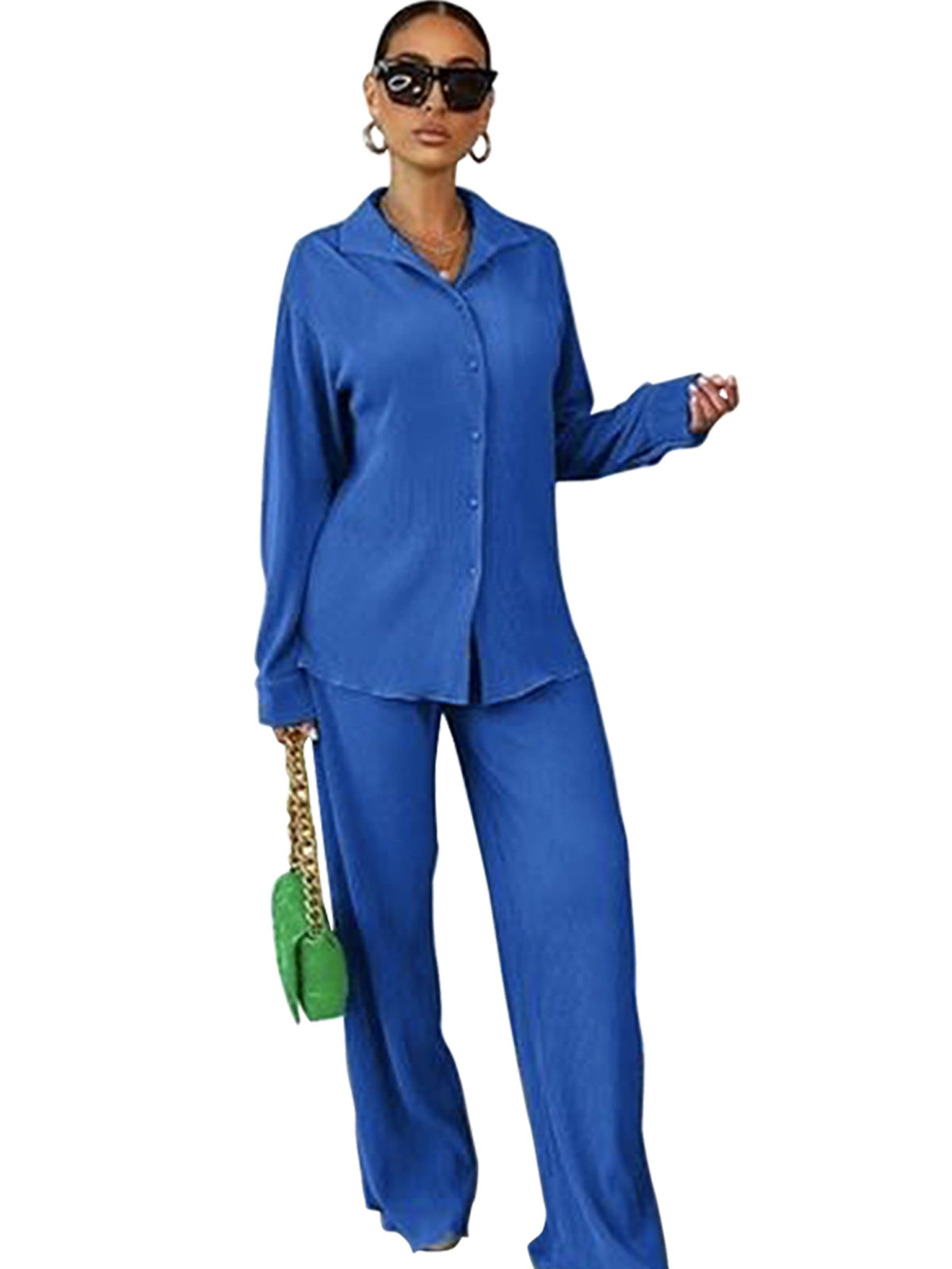 VVZ Women's Solid Button Front Shirt & Elastic Waist Pants Two-piece Set