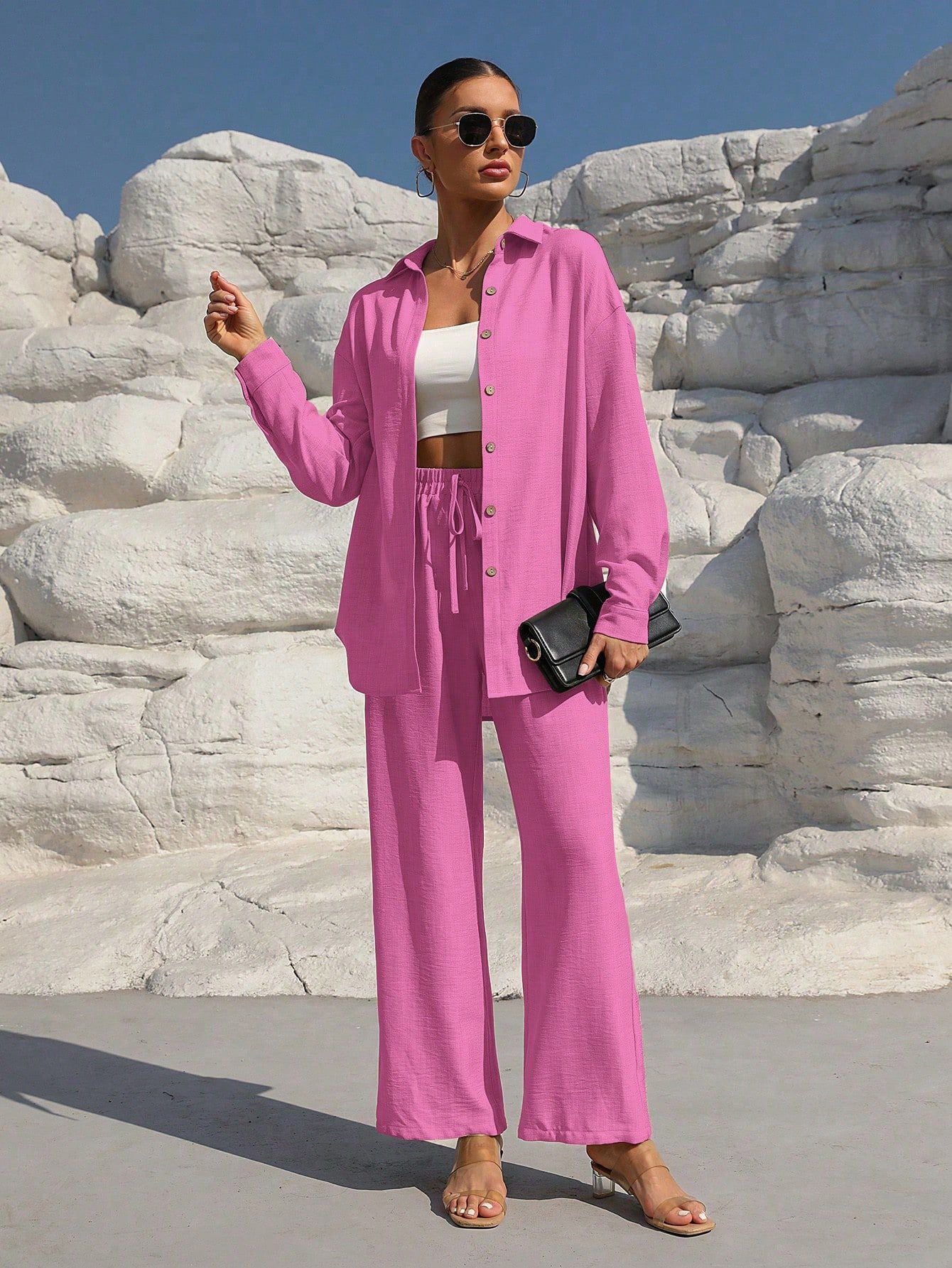 VVZ Women's Solid Button Front Shirt & Tie Front Wide Leg Pants Two-piece Set
