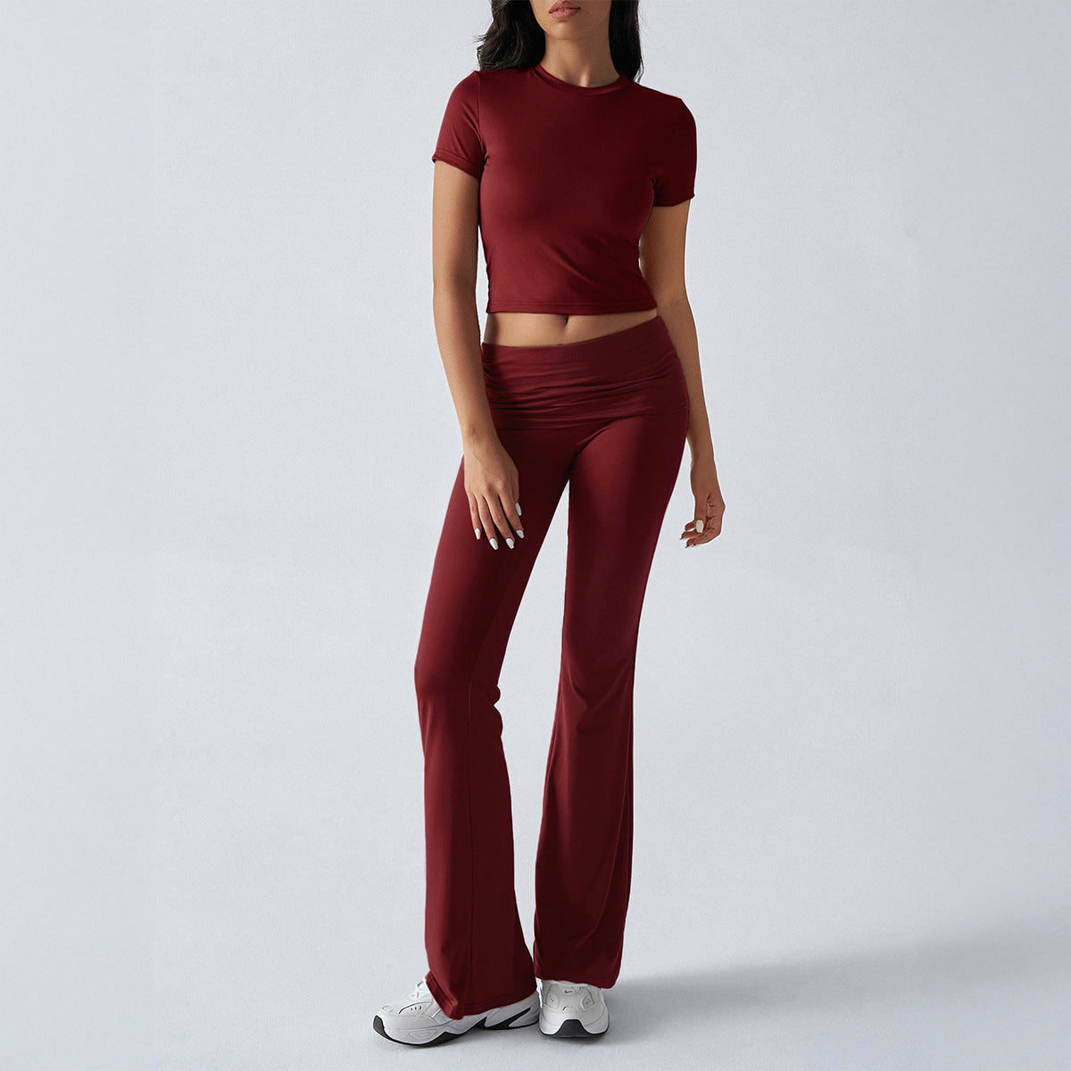 VVZ Women's Solid Color Crop Tee & Flare Leg Pants Two-piece Set