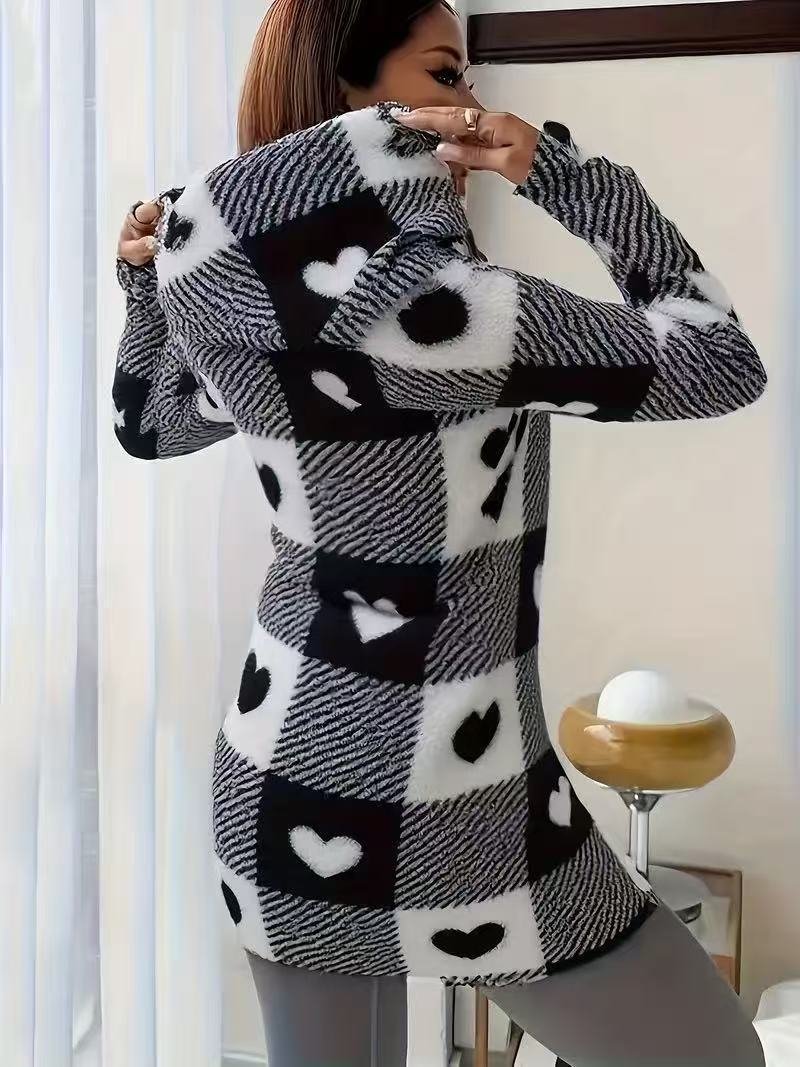 VVZ Women's Plaid Fleece Long Sleeve Hooded Coat, Mid-Weight Longline Outerwear