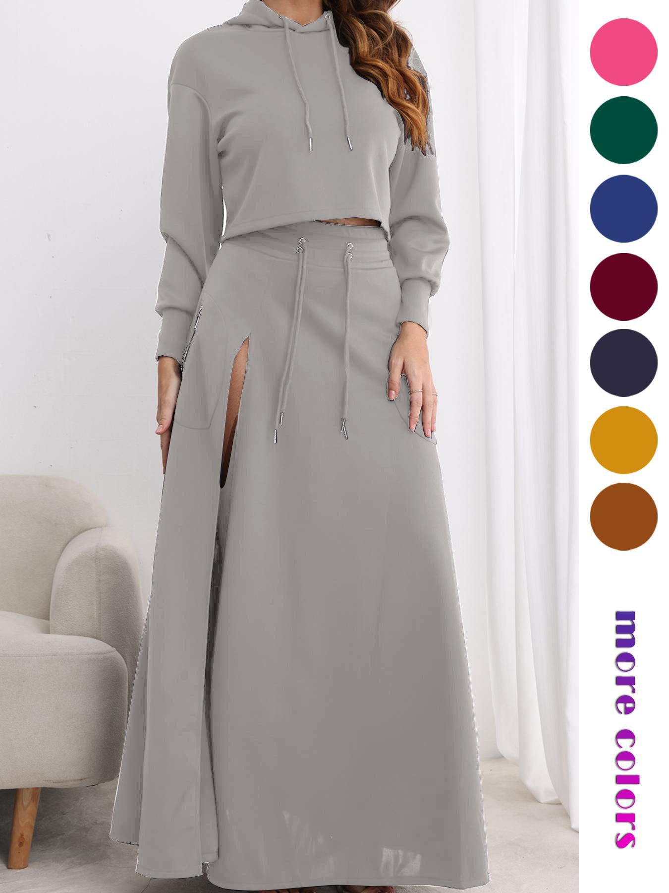 VVZ Women's Solid Drawstring Hoodie & Split Thigh Skirt Set
