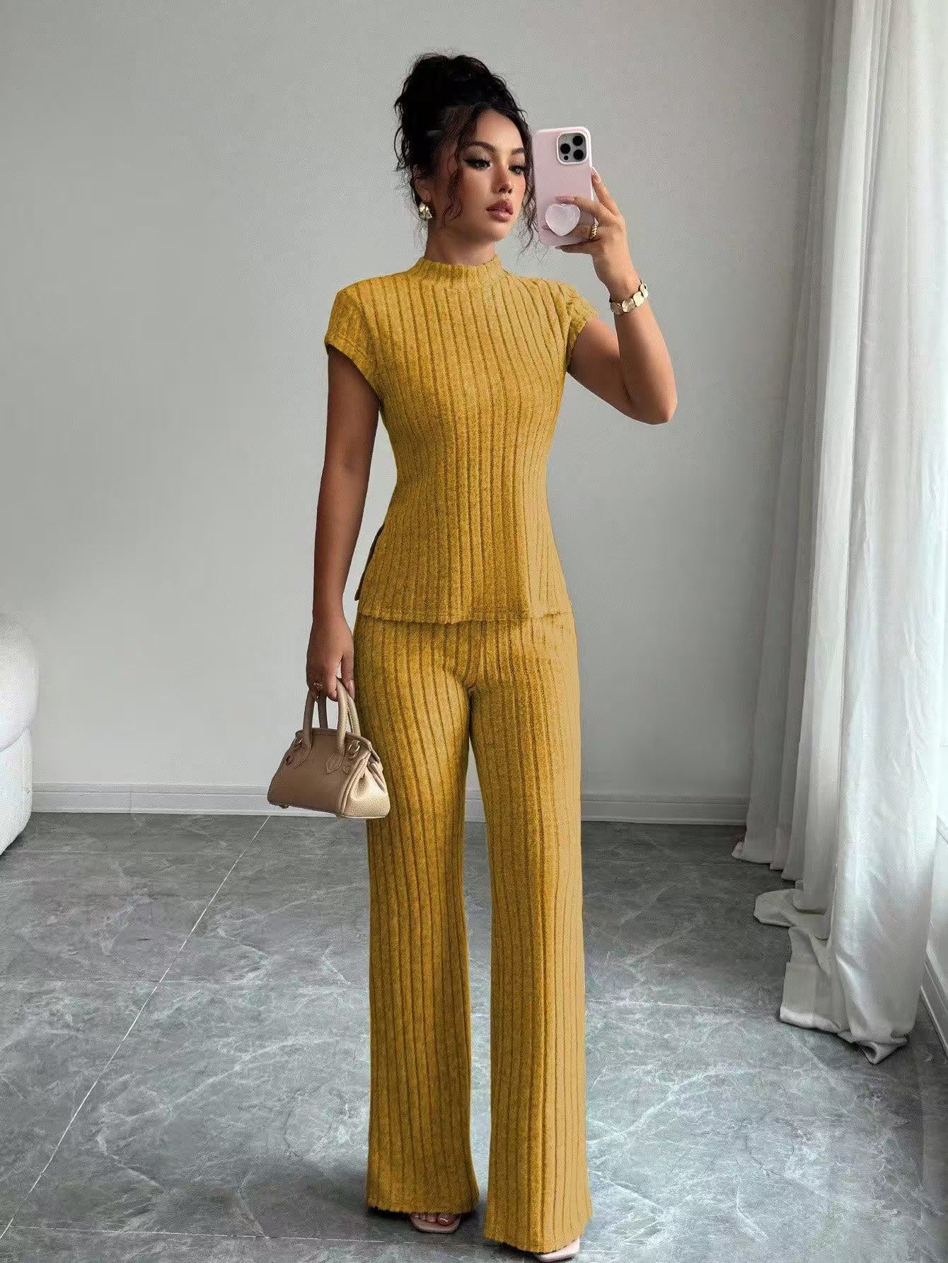 VVZ Soft Ribbed Knit Short Sleeve Top & Flare Trousers