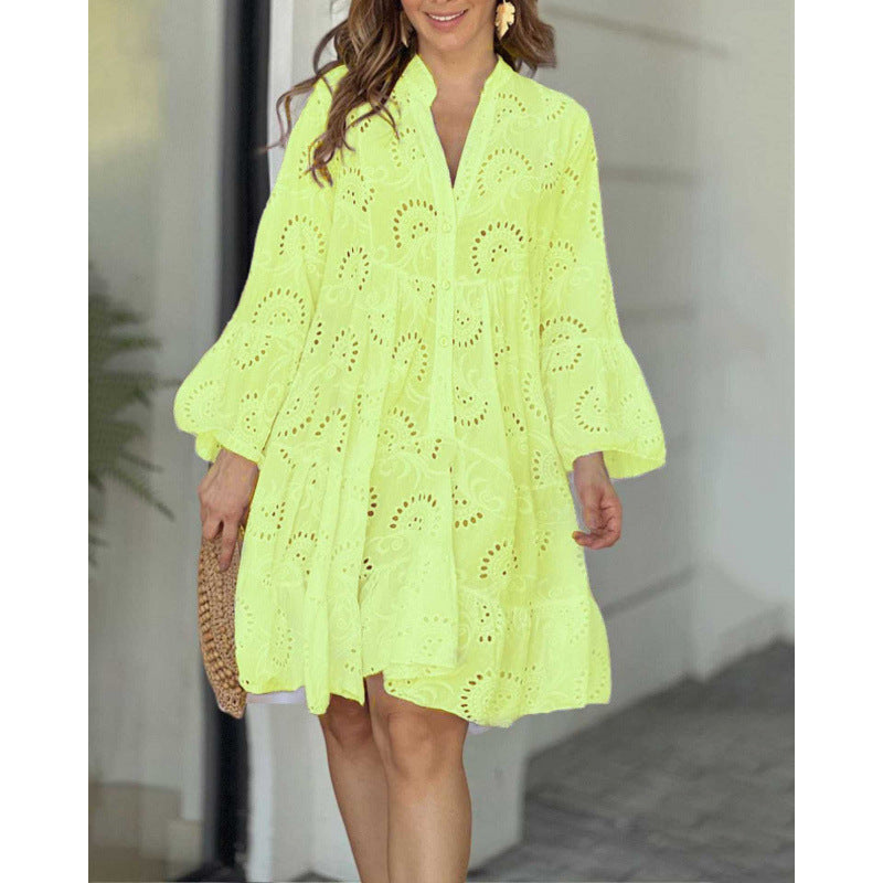 VVZ Plain Eyelet Embroidery Notched Neck Long Sleeve Smock Dress