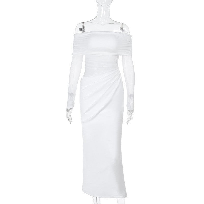 VVZ Women's Plain Off Shoulder Ruched Sheer Mesh Dress