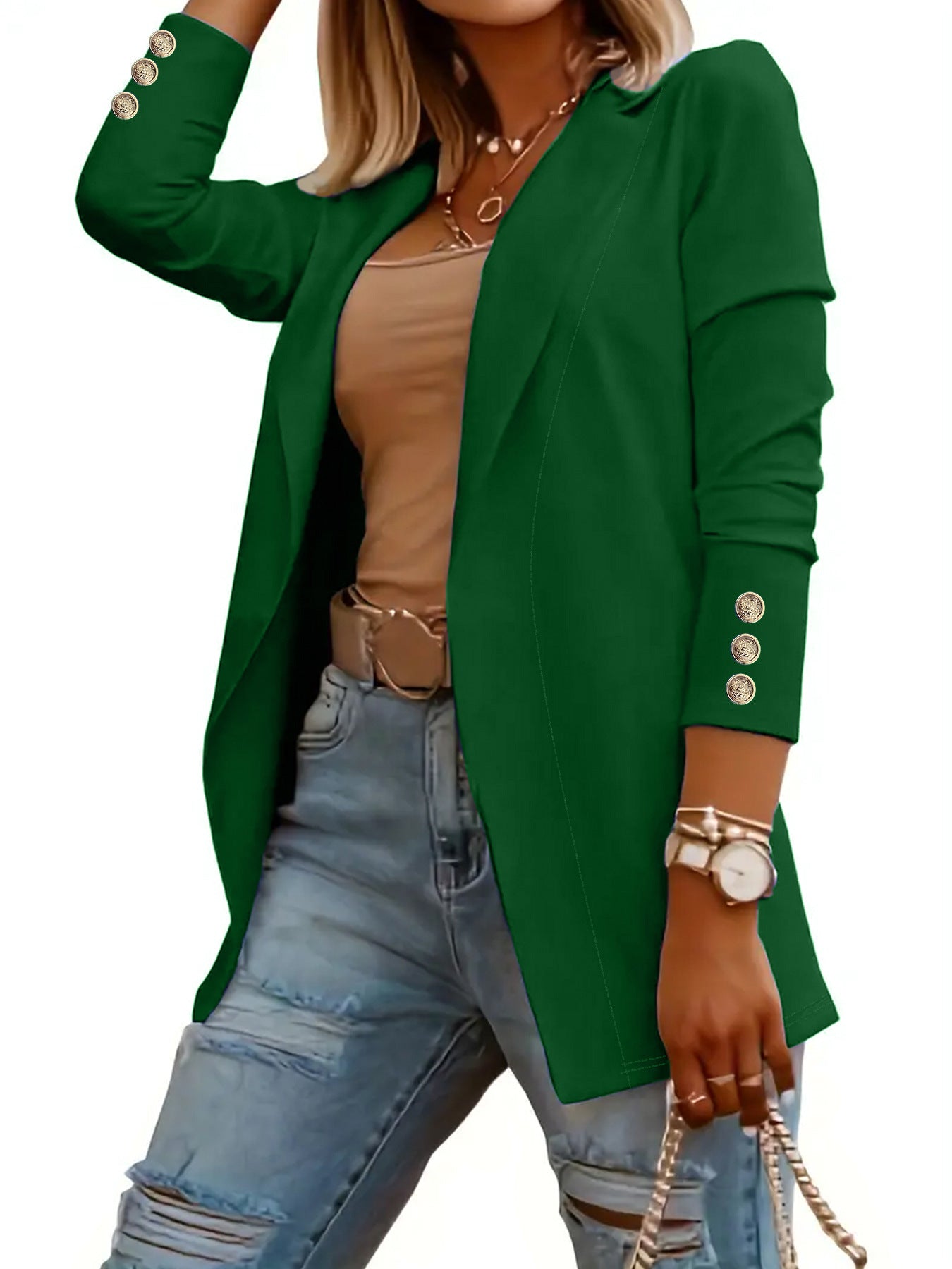 VVZ Women's Solid Button Lapel Neck Open Front Fitted Blazer