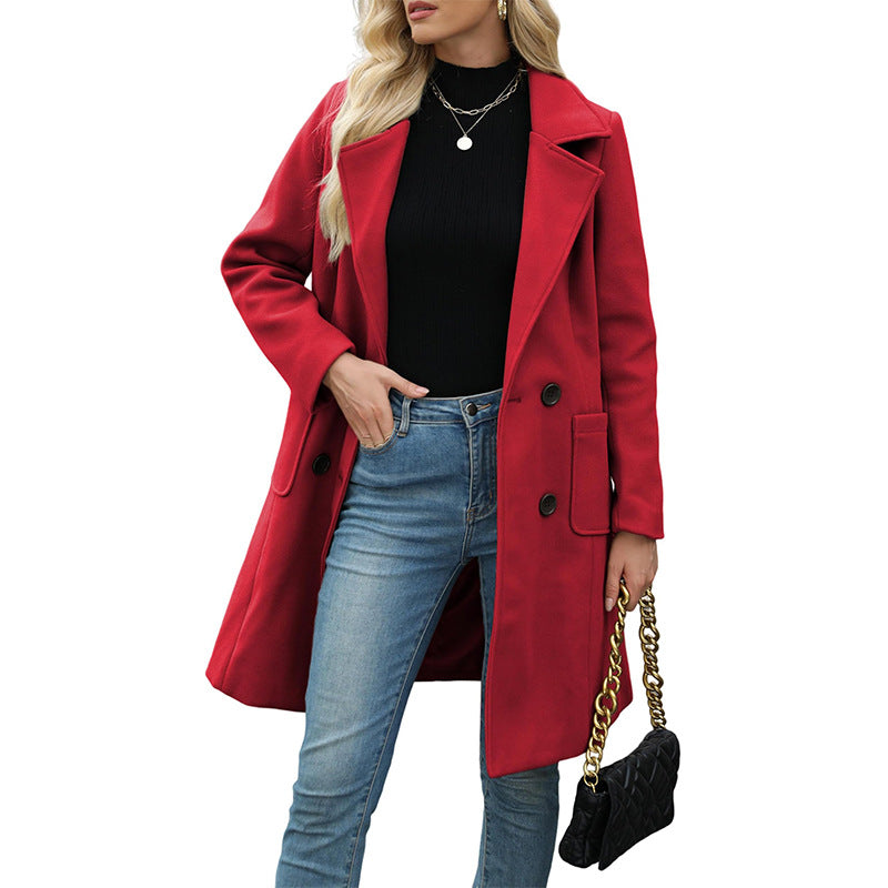 VVZ Women Winter  Camel Mid-Long Coat Notch Double-Breasted Lapel Jacket Outwear