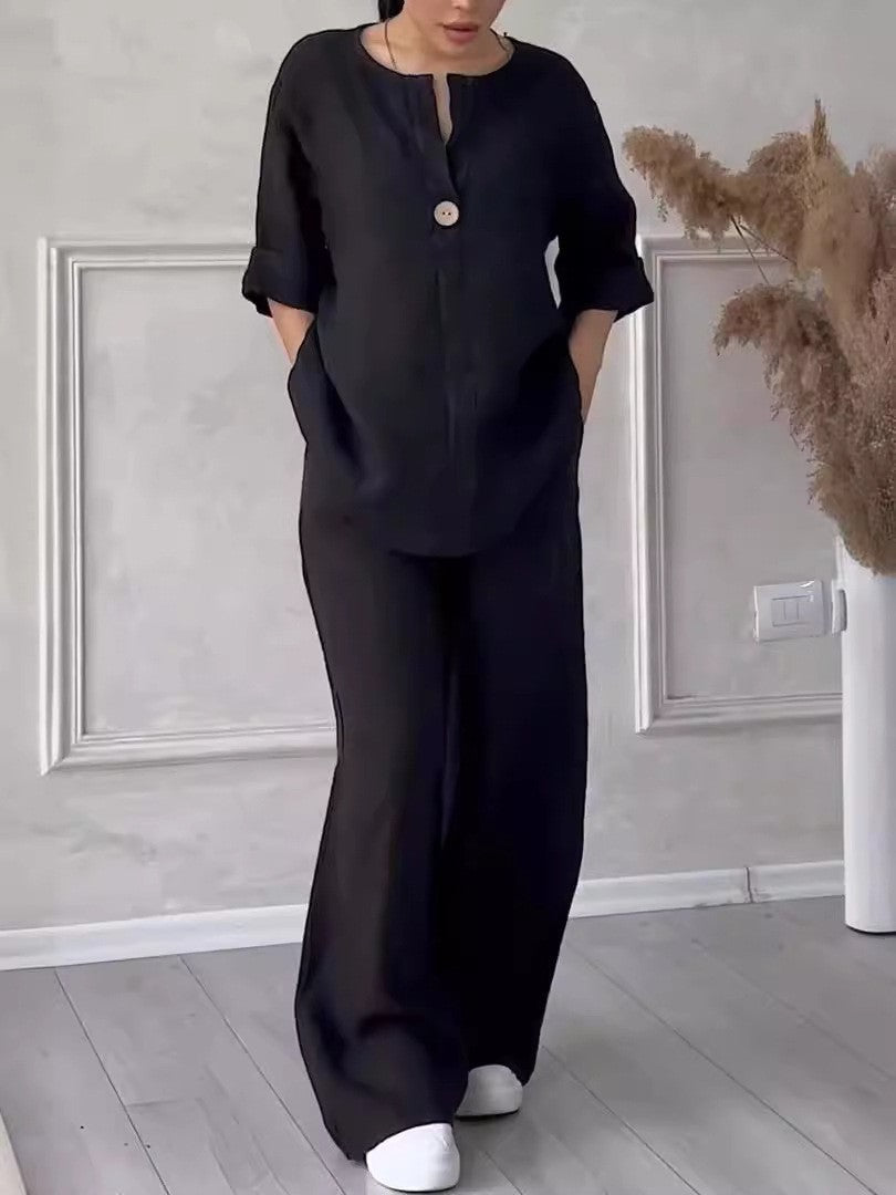 VVZ Plus-Size Women's Two-Piece Set: Casual, Breathable Long-Sleeve Shirt & Loose-Fit Trousers