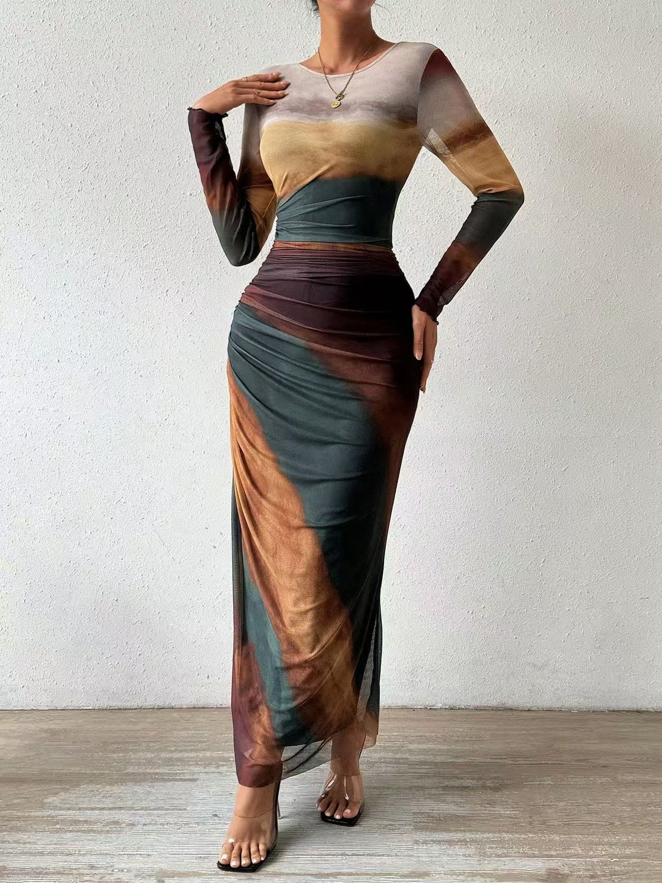 VVZ Sexy Mesh-Print Ruched Bodycon Dress with Round Neckline
