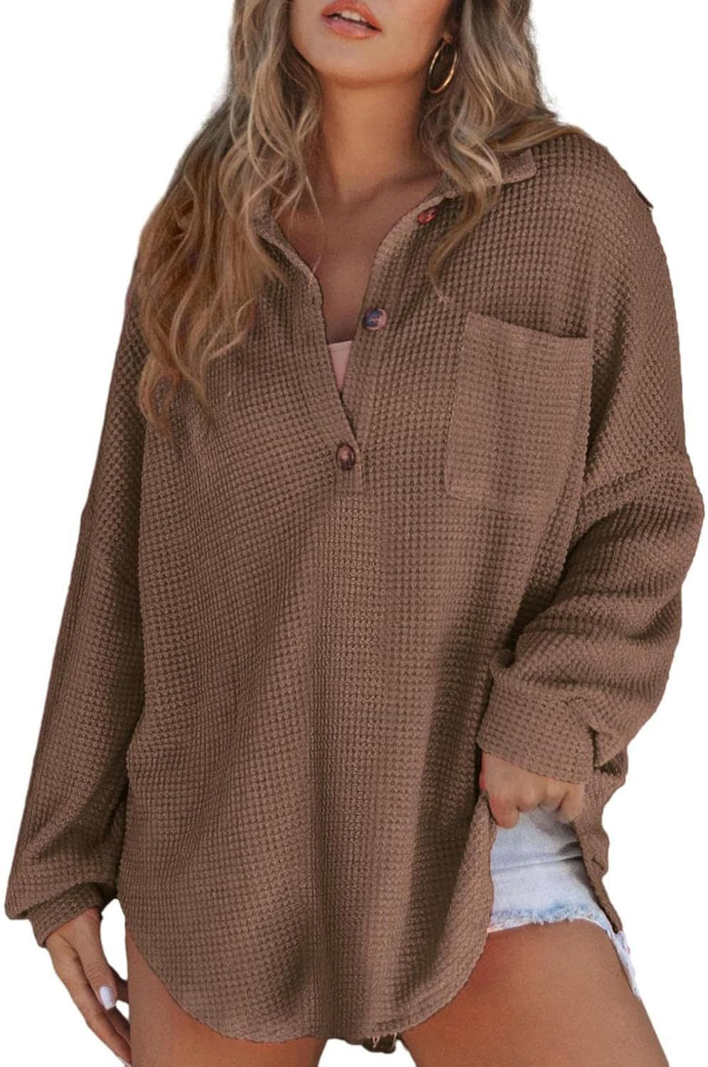 VVZ Women's Oversized Henley Waffle Shirts