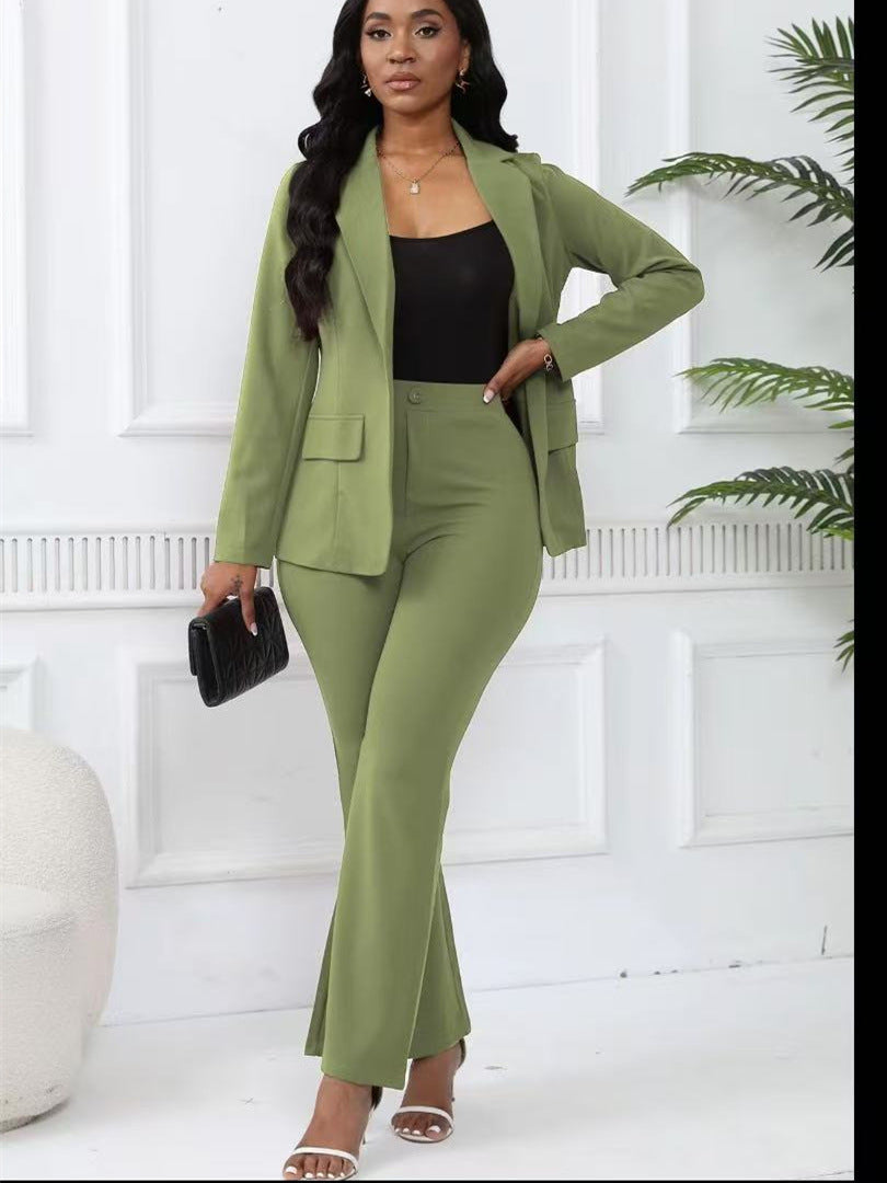 VVZ Women's Two-Piece Set Plain Button Lapel Blazer & Suit Pants