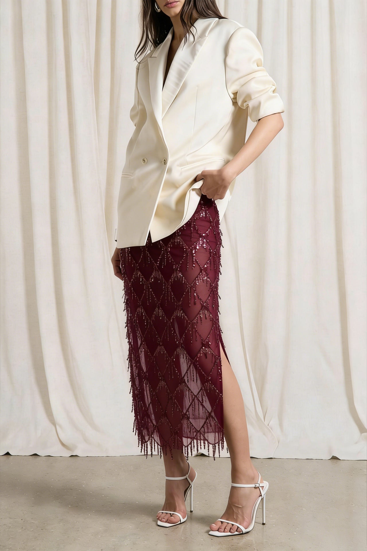 VVZ Women's Sequin-Embellished Midi Skirt — Side-Slit, Bodycon, Slimming, and Sheer Mesh Design