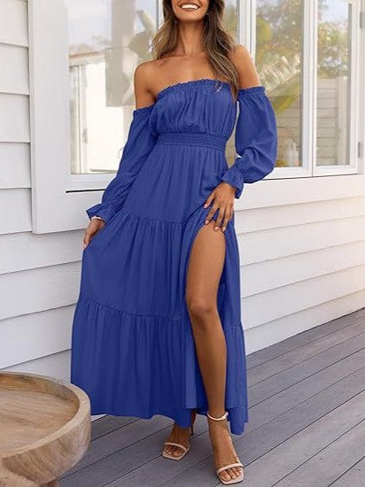 VVZ  High Waist Side Split Flowy A Line Tiered Long Maxi Dress