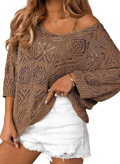 VVZ Spring/Summer Openwork Crocheted Pullover Sweater with Three-Quarter Sleeves