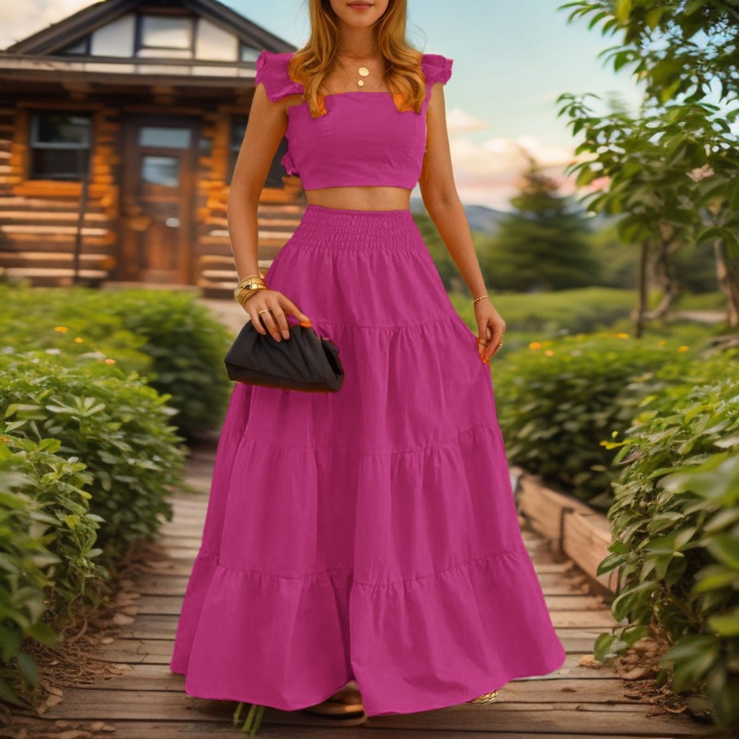 VVZ Women's Solid-Color Top and Long Skirt Two-Piece Set