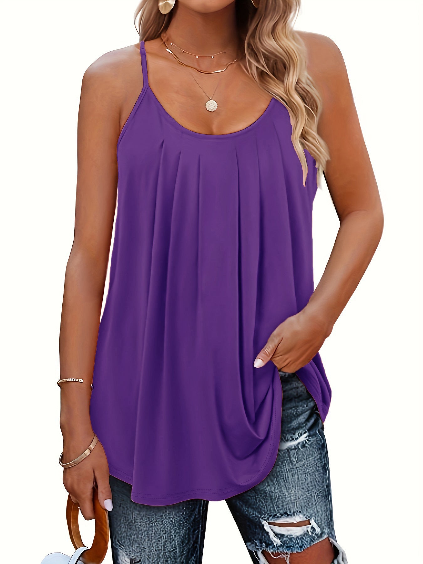 VVZ Solid-Color Ruched Round-Neck Cami Top