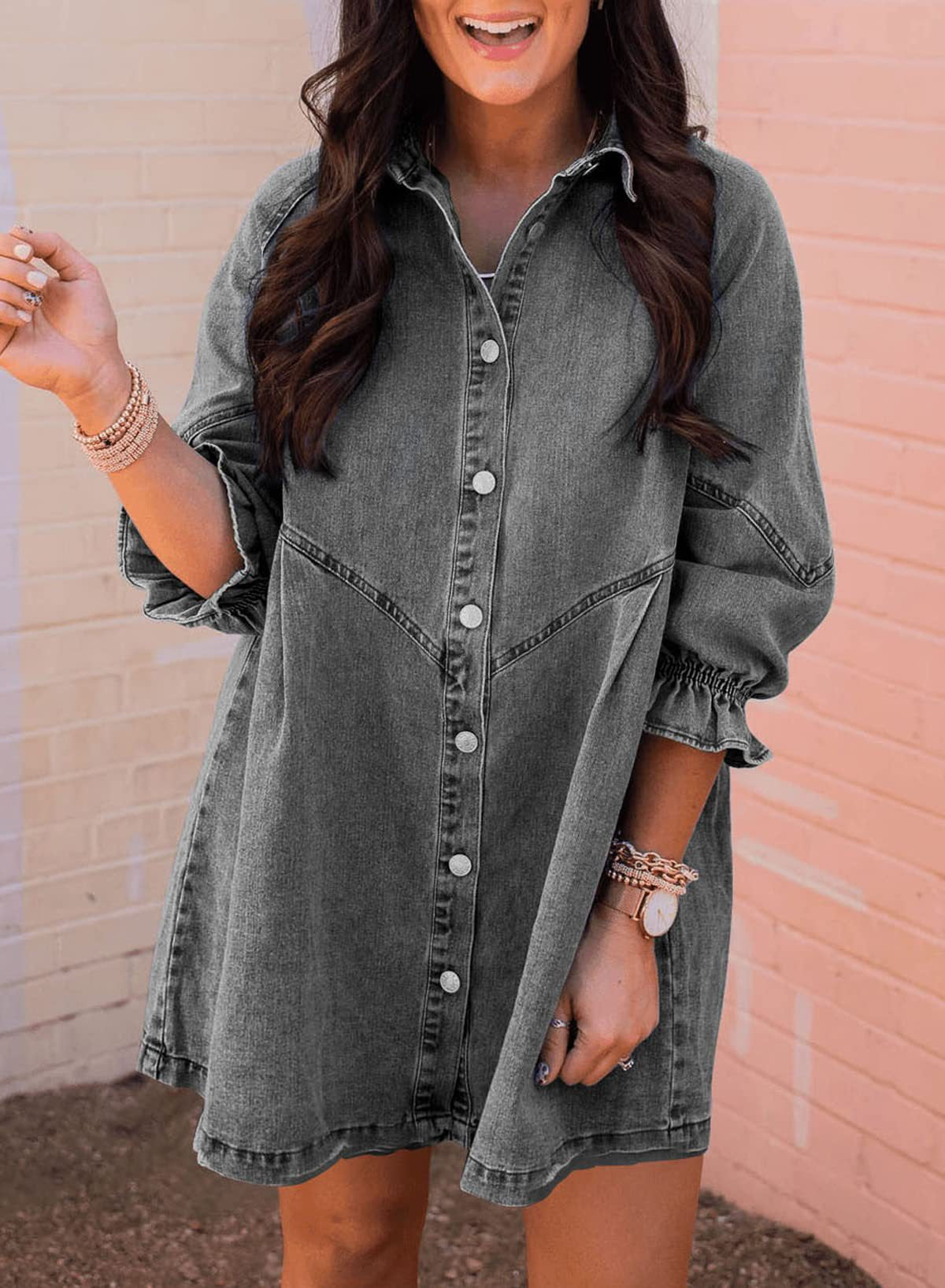 VVZ Washed Denim Puff-Sleeve Mini Dress
