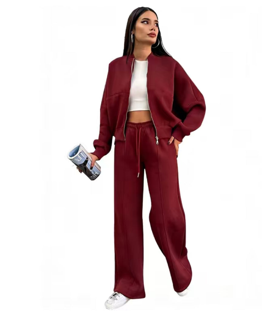VVZ Women's Casual Striped Long Sleeve Zipper Jacket and Pants Set