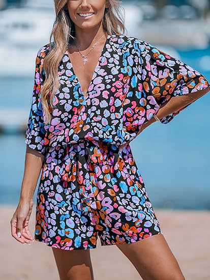 VVZ Women's All-Over Print V-Neck Wide-Leg Romper with Tie Waist