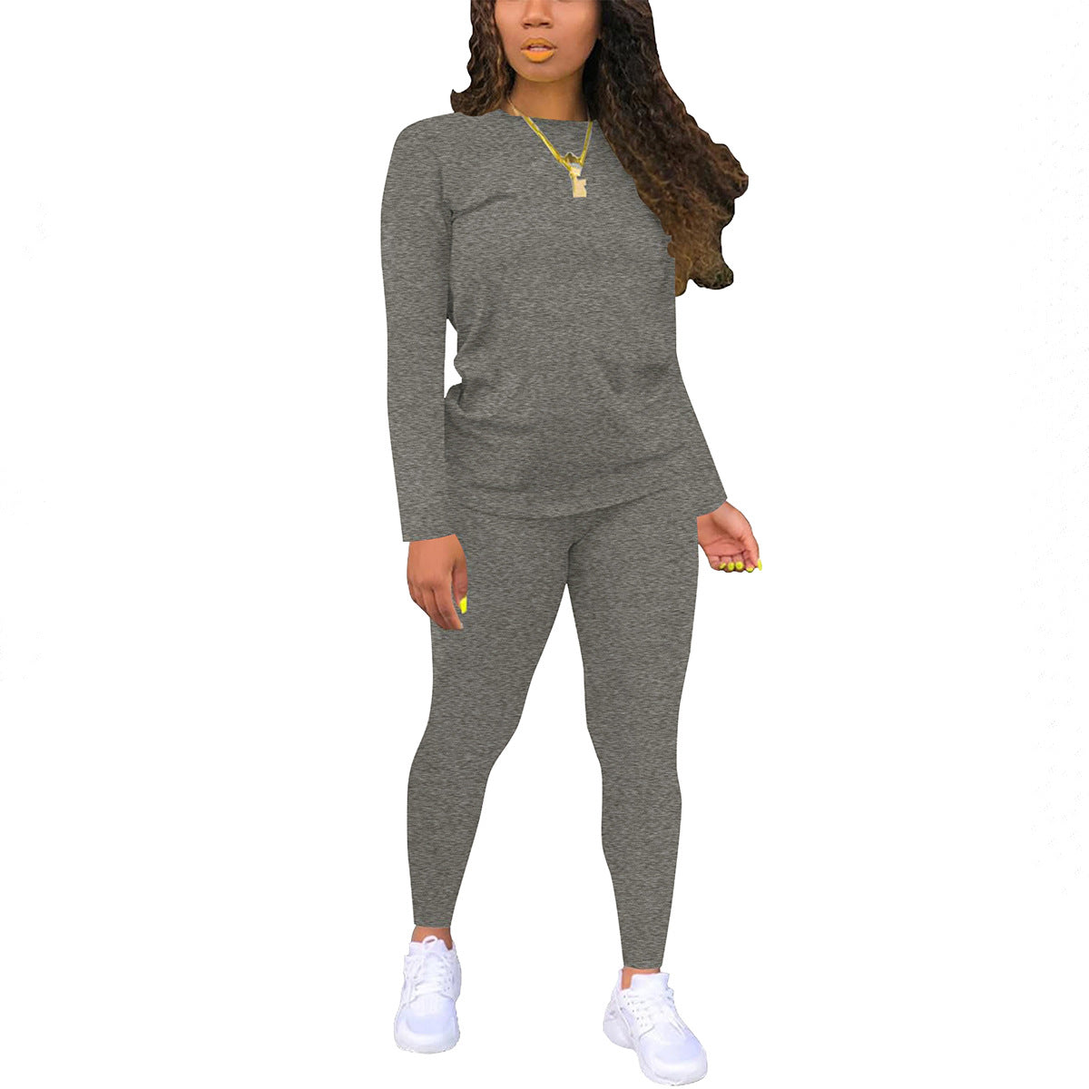 VVZ Women's Solid Long Sleeve Tee & Elastic Waist Pants Set