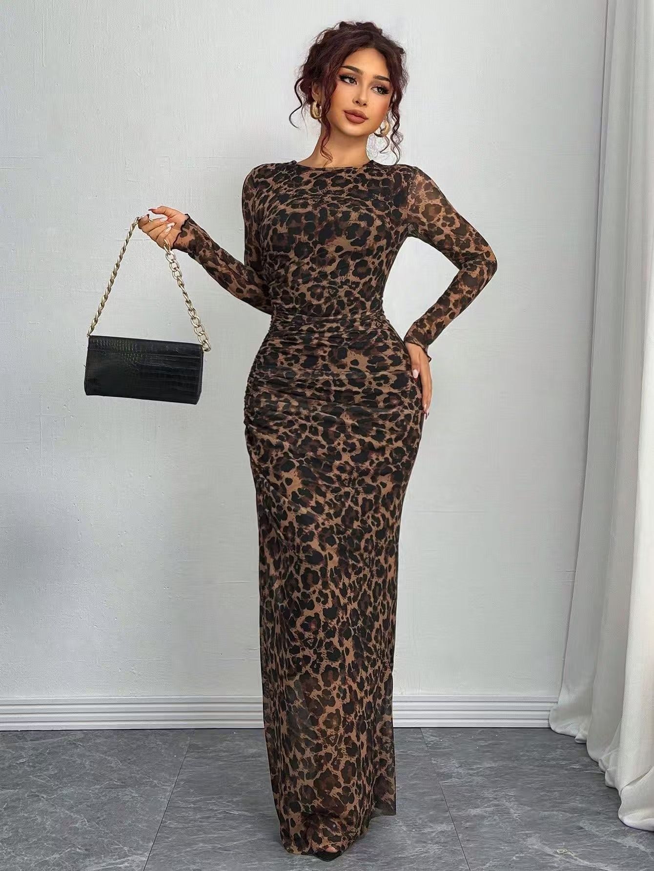 VVZ Sexy Mesh-Print Ruched Bodycon Dress with Round Neckline