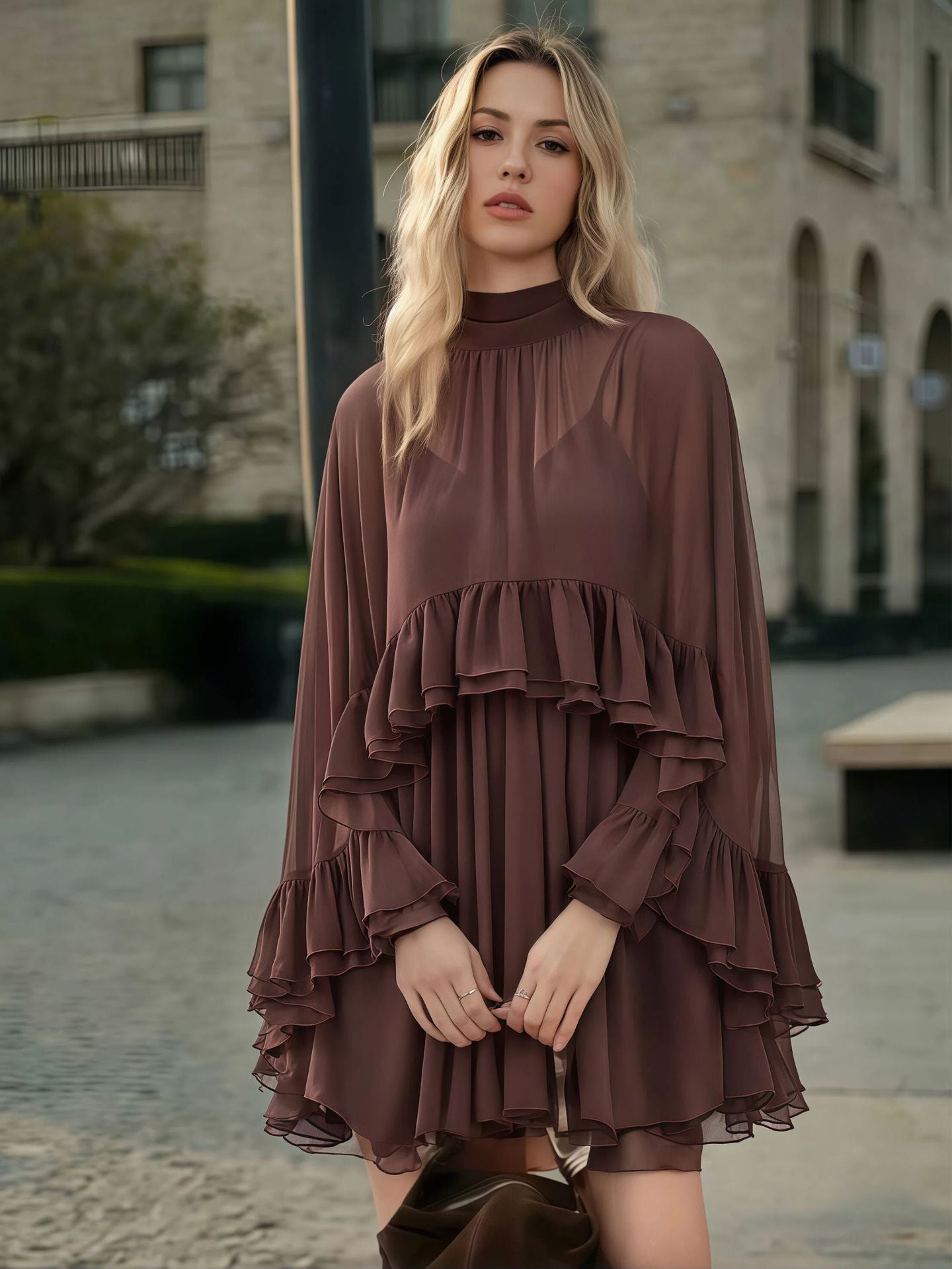 VVZ Semi-Sheer Chiffon Ruffled Dress