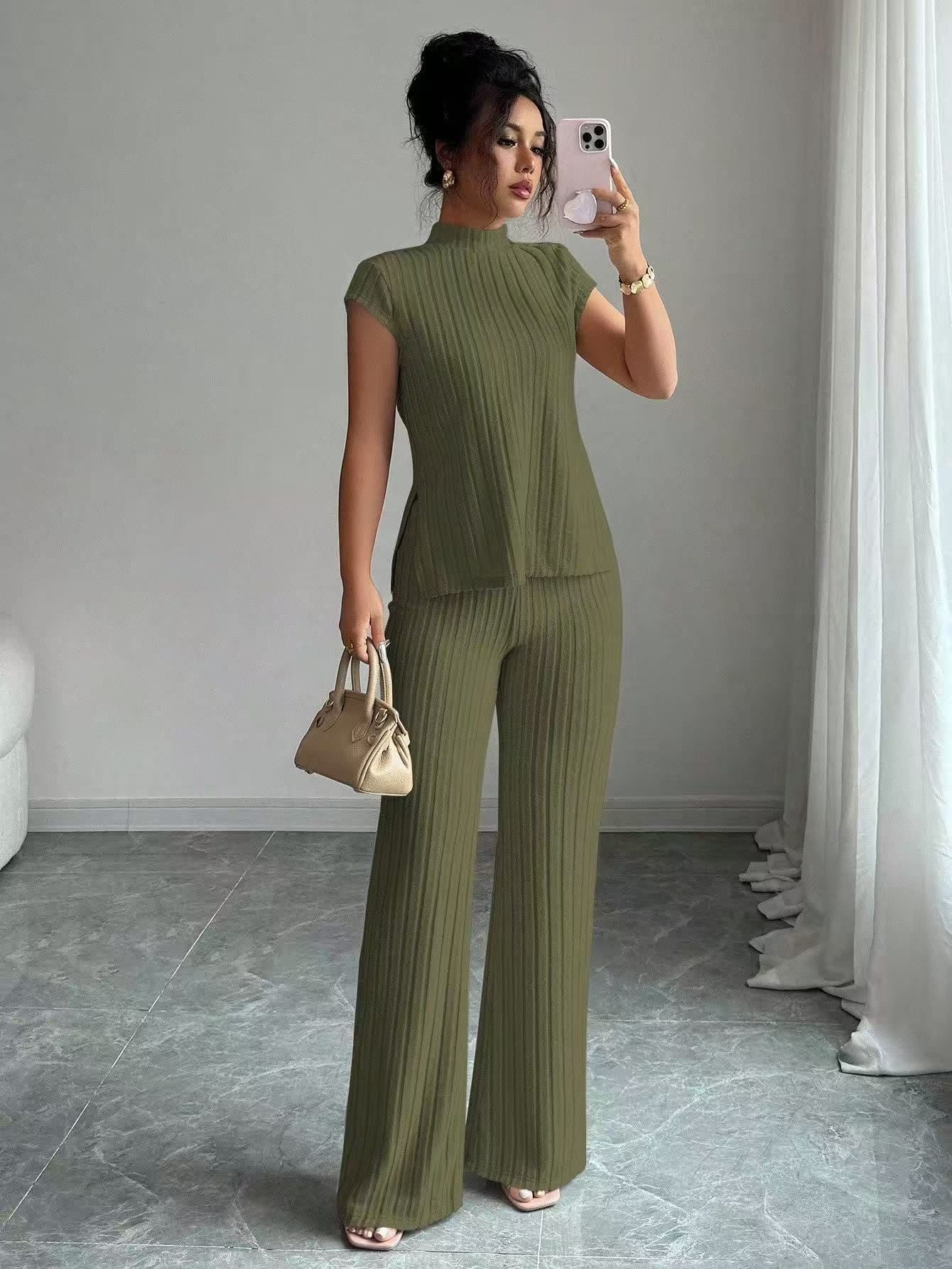 VVZ Soft Ribbed Knit Short Sleeve Top & Flare Trousers