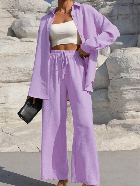 VVZ Women's Solid Button Front Shirt & Tie Front Wide Leg Pants Two-piece Set