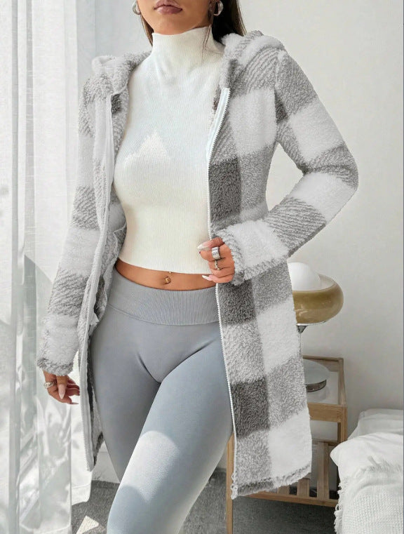 VVZ Women's Plaid Fleece Long Sleeve Hooded Coat, Mid-Weight Longline Outerwear