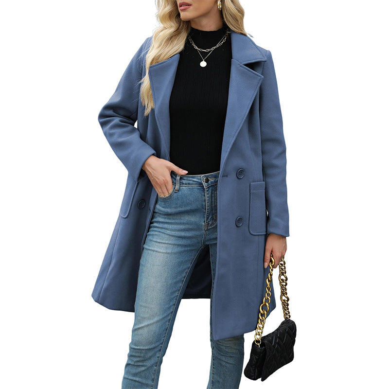 VVZ Women Winter  Camel Mid-Long Coat Notch Double-Breasted Lapel Jacket Outwear