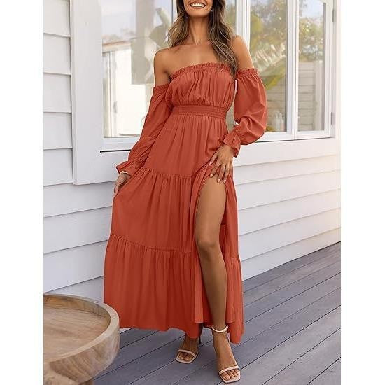 VVZ  High Waist Side Split Flowy A Line Tiered Long Maxi Dress