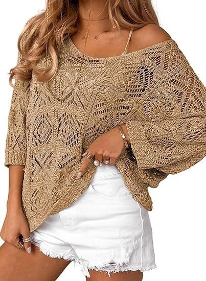 VVZ Spring/Summer Openwork Crocheted Pullover Sweater with Three-Quarter Sleeves