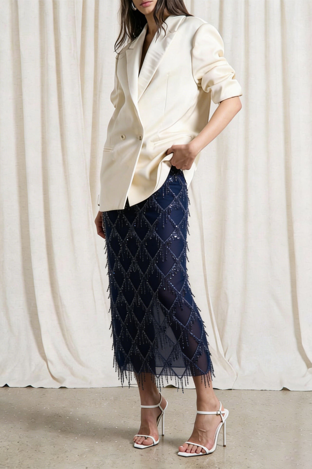 VVZ Women's Sequin-Embellished Midi Skirt — Side-Slit, Bodycon, Slimming, and Sheer Mesh Design