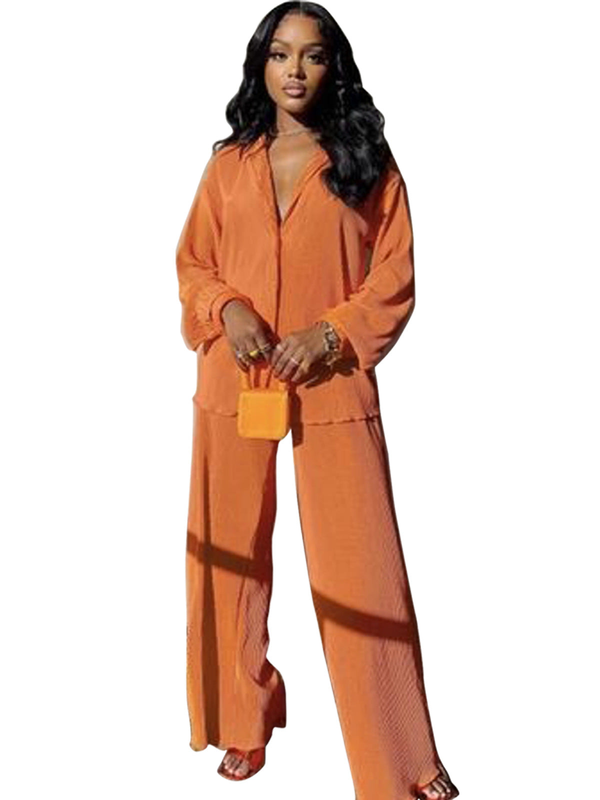 VVZ Women's Solid Button Front Shirt & Elastic Waist Pants Two-piece Set