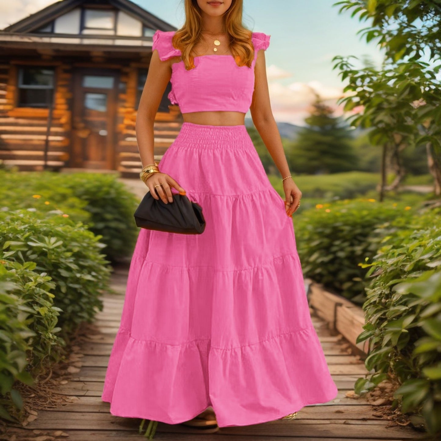 VVZ Women's Solid-Color Top and Long Skirt Two-Piece Set