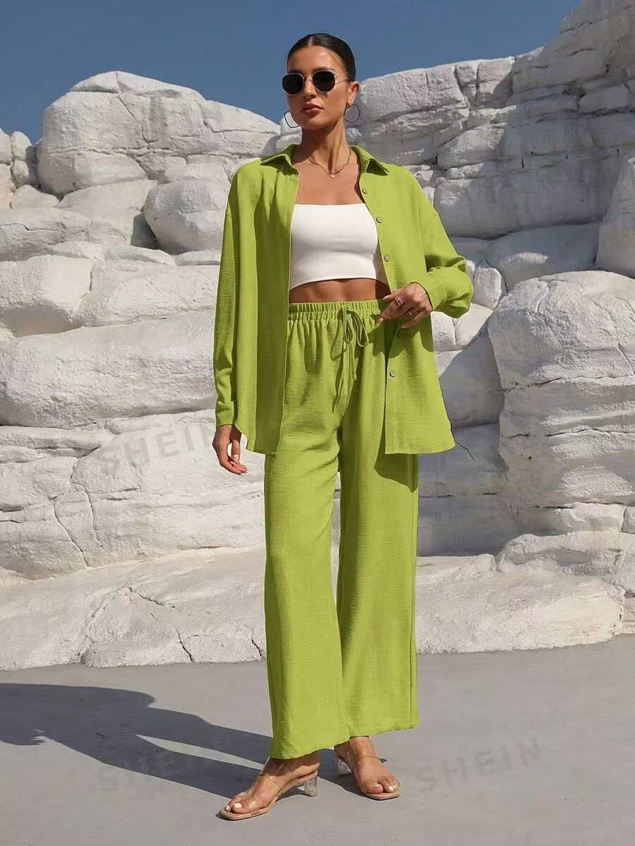 VVZ Women's Solid Button Front Shirt & Tie Front Wide Leg Pants Two-piece Set