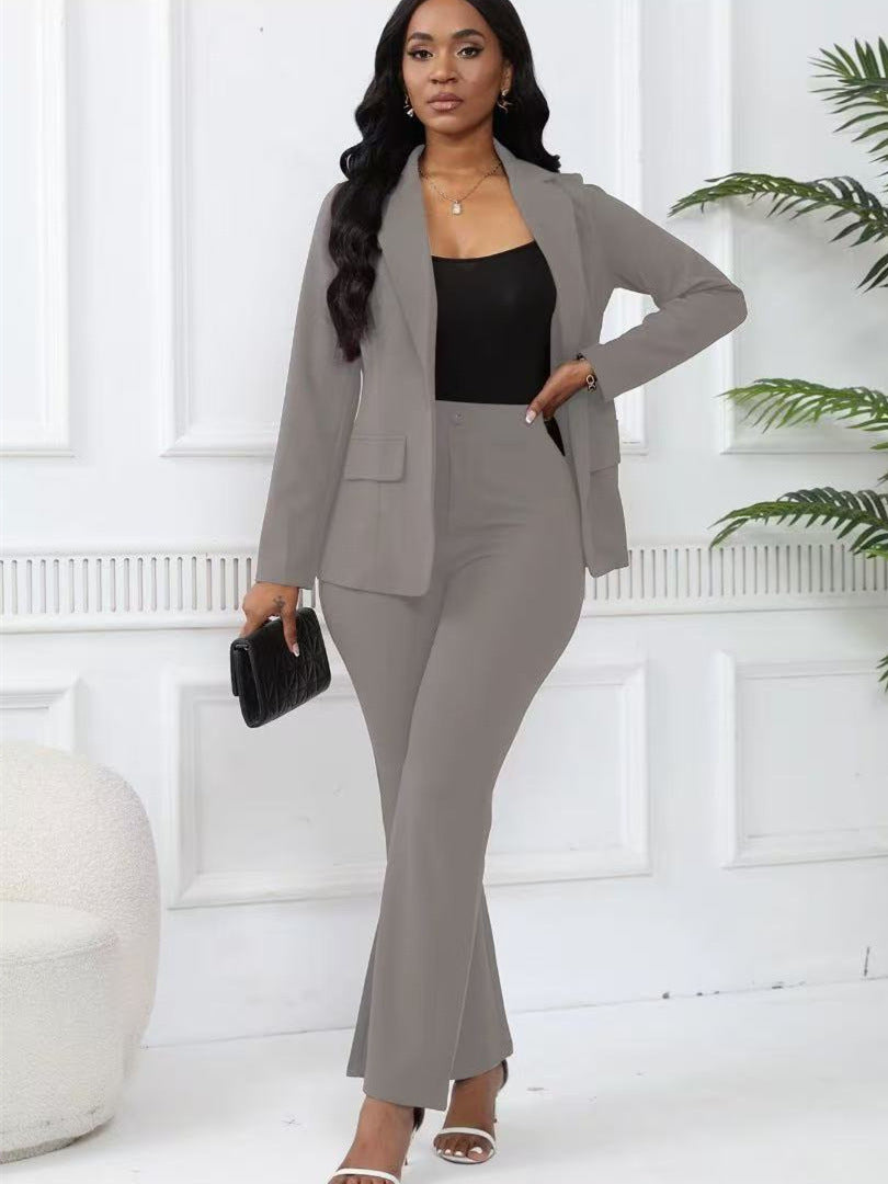 VVZ Women's Two-Piece Set Plain Button Lapel Blazer & Suit Pants