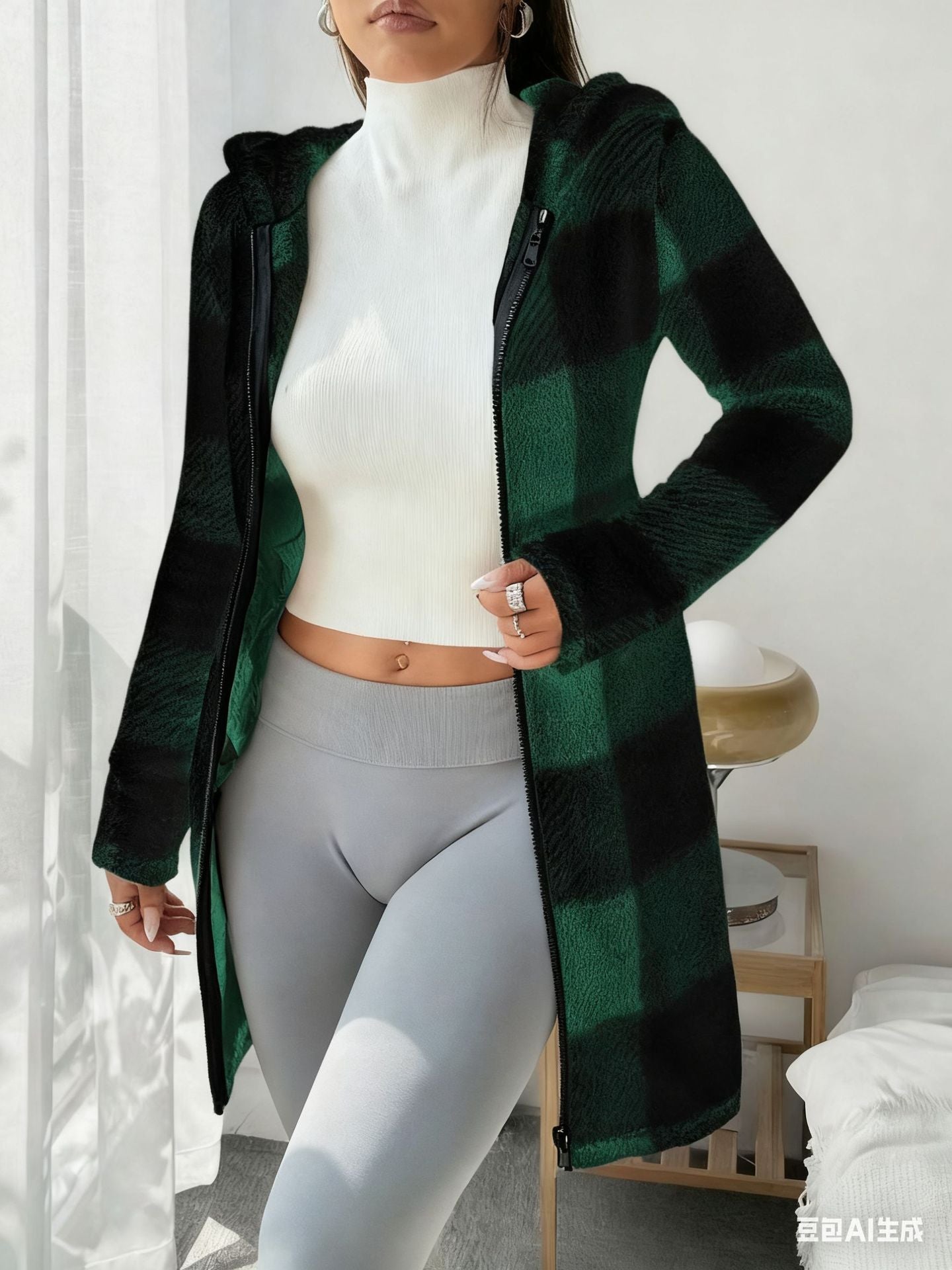 VVZ Women's Plaid Fleece Long Sleeve Hooded Coat, Mid-Weight Longline Outerwear