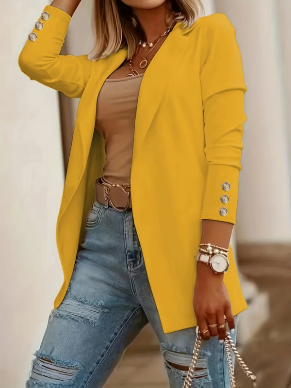 VVZ Women's Solid Button Lapel Neck Open Front Fitted Blazer