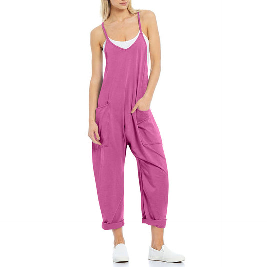 VVZ Women's solid color pocket V-neck overalls