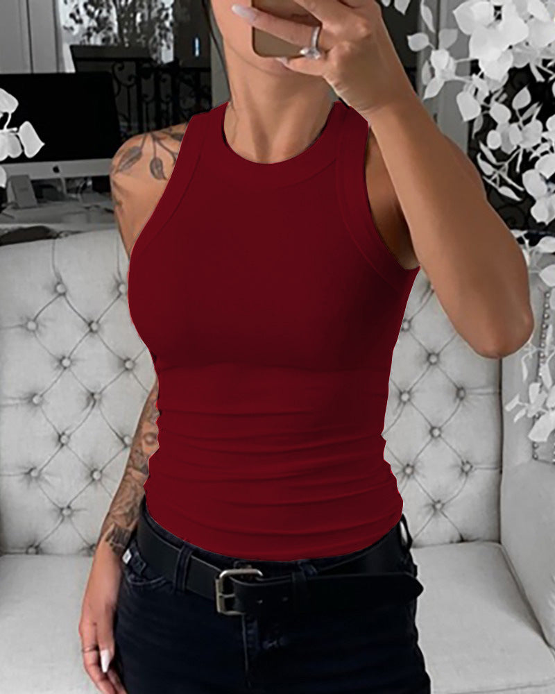 VVZ Women Summer Stretch Slim Round Neck Ribbed Tank