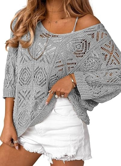 VVZ Spring/Summer Openwork Crocheted Pullover Sweater with Three-Quarter Sleeves