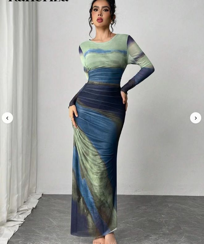 VVZ Sexy Mesh-Print Ruched Bodycon Dress with Round Neckline