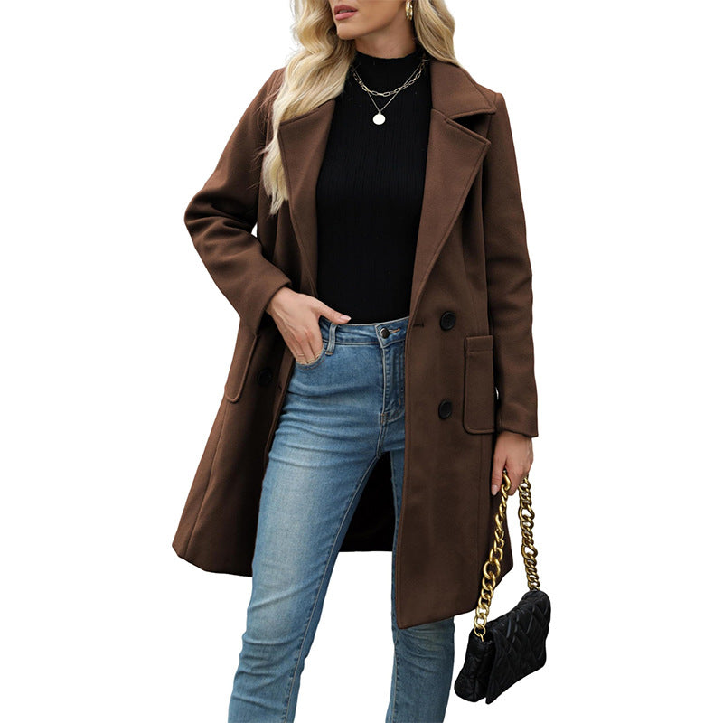 VVZ Women Winter  Camel Mid-Long Coat Notch Double-Breasted Lapel Jacket Outwear