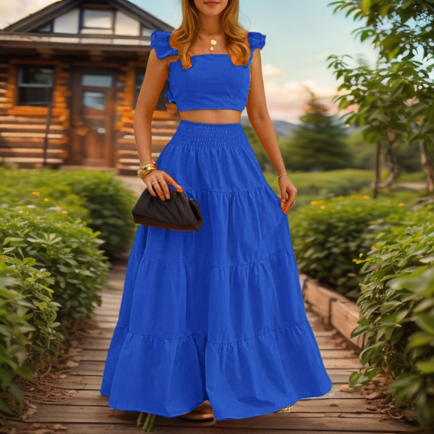 VVZ Women's Solid-Color Top and Long Skirt Two-Piece Set