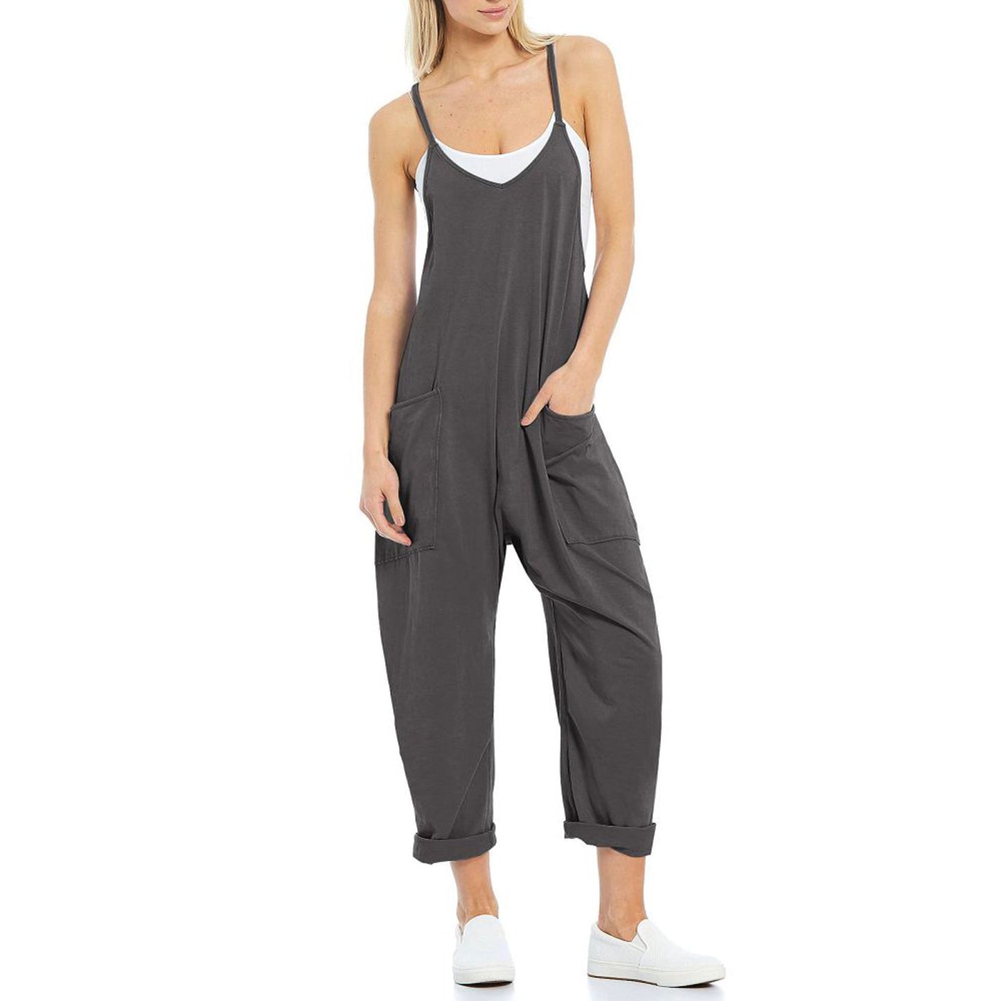 VVZ Women's solid color pocket V-neck overalls
