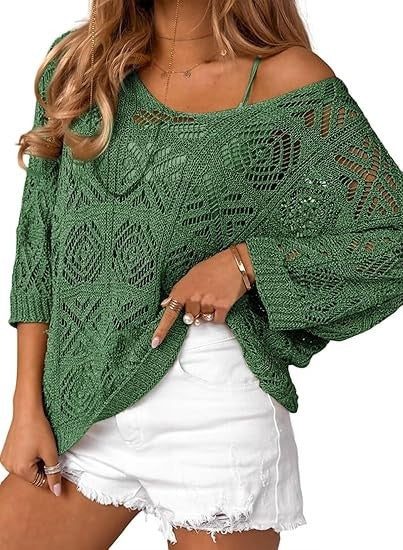 VVZ Spring/Summer Openwork Crocheted Pullover Sweater with Three-Quarter Sleeves