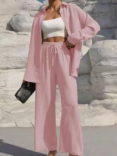 VVZ Women's Solid Button Front Shirt & Tie Front Wide Leg Pants Two-piece Set