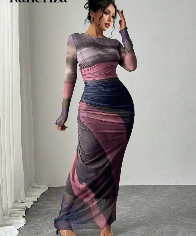 VVZ Sexy Mesh-Print Ruched Bodycon Dress with Round Neckline