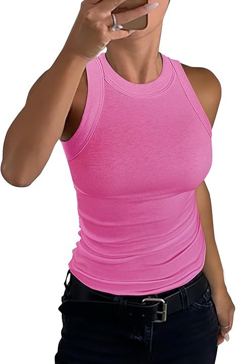 VVZ Women Summer Stretch Slim Round Neck Ribbed Tank