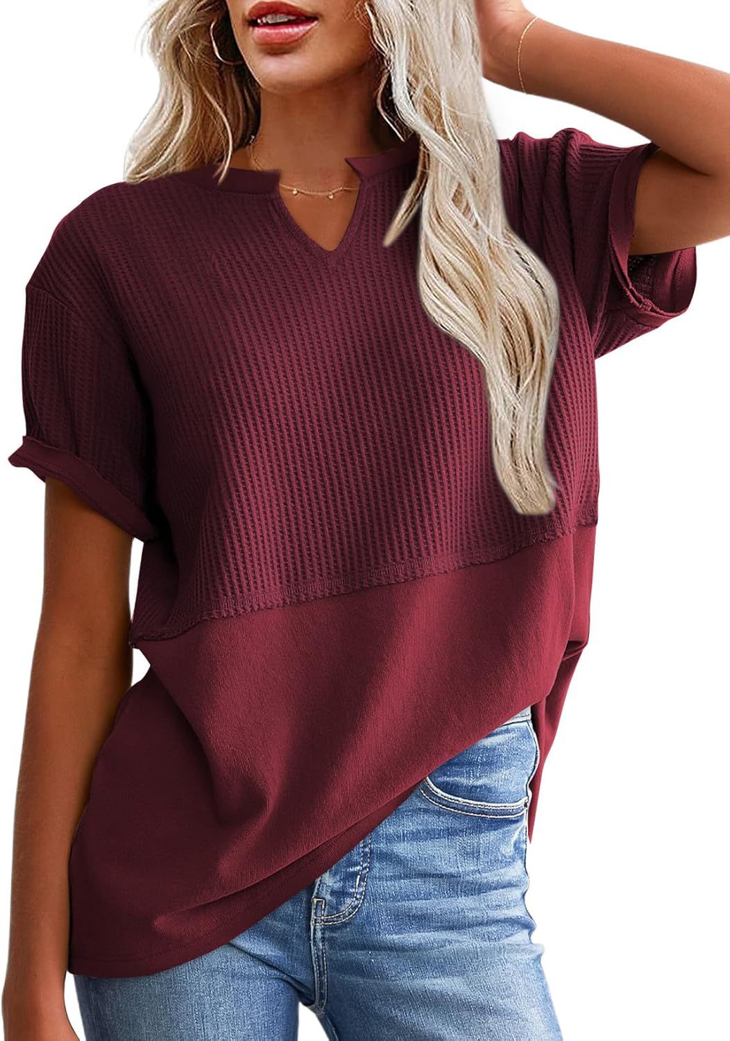 VVZ Cozy Oversized Waffle Knit V-Neck Top